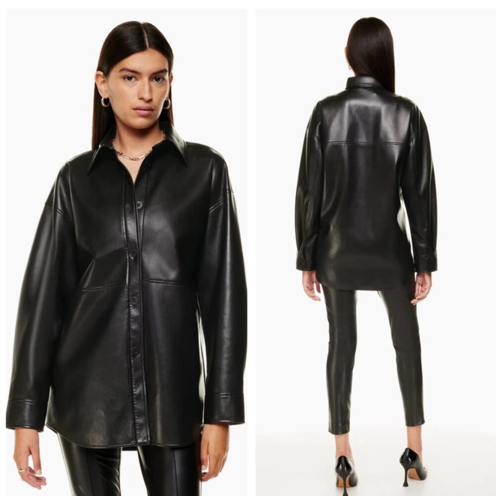 Babaton Pelli Hip Shirt Jacket Relaxed Vegan Leather Shacket Flagstone Blue XS - Picture 13 of 16